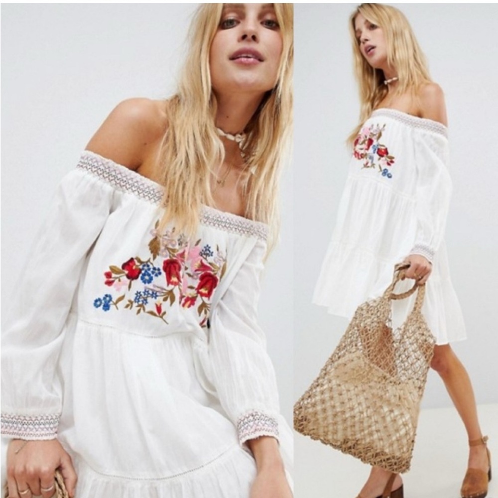 NWT FREE PEOPLE SUNBEAMS EMBROIDERED DRESS WHITE Boho Cottagecore Romantic Beach